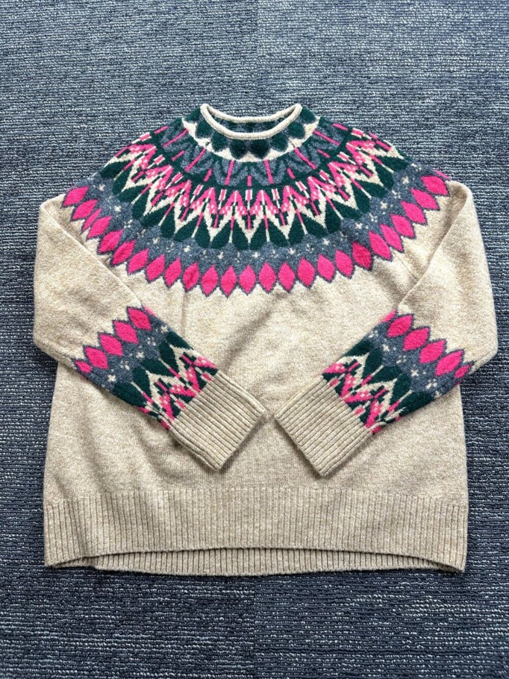 Vince Camuto Womens S Beige Fair Isle Crewneck Pullover Sweater Pink Green